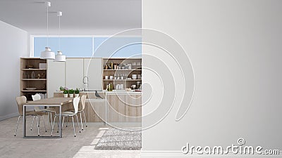 Minimalist kitchen on a foreground wall, interior design architecture concept with copy space, blank background Stock Photo