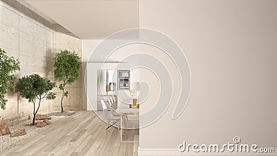 Minimalist kitchen with garden on a foreground wall, interior design architecture concept with copy space, blank Stock Photo