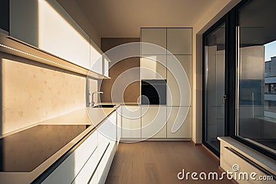 Minimalist kitchen in morning sun Stock Photo