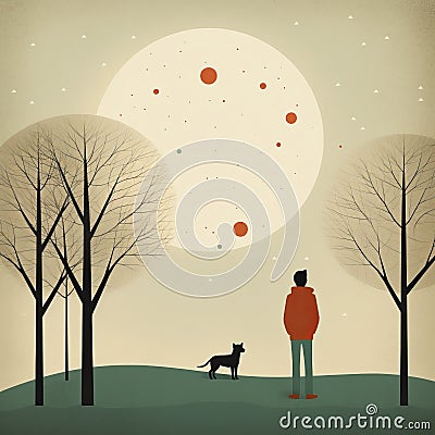 Minimalist Landscape Illustration Of A Dog Gazing At The Moon Cartoon Illustration