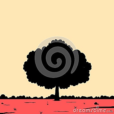 Minimalist landscape of silhouette of a single big tree Vector Illustration