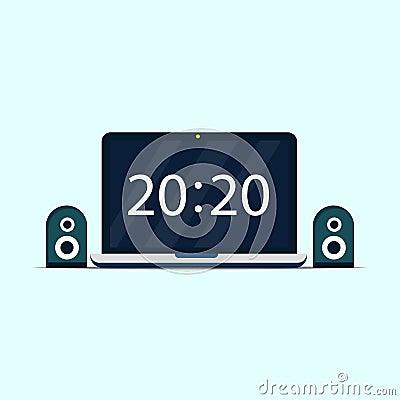 Minimalist laptop showing time with two loud speaker Vector Illustration