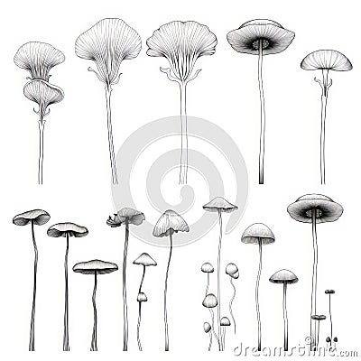 Minimalist Line Art Mushrooms: Thin Steel Forms On White Background Cartoon Illustration