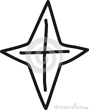 Minimalist line art representing abstract four pointed star intersected by cross, creating simple geometric figure Vector Illustration