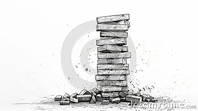 Minimalist line composition: simple Jenga tower one block pulled out causing instability, black & white lines Stock Photo