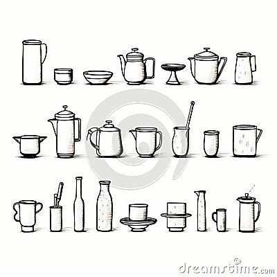 Minimalist Line Drawings Of Traditional Vessels On White Background Stock Photo