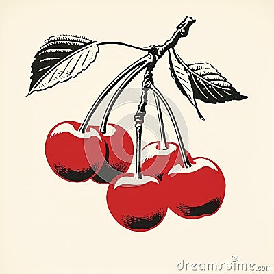 Vintage Comic Style Cherries Branch: Accurate And Detailed Woodcut Illustration Stock Photo