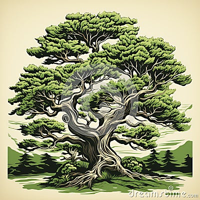 Minimalist Linocut Art: Creating A Simple Cypress Design With Negative Space Stock Photo
