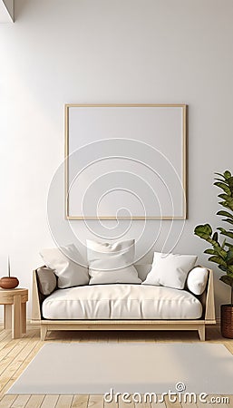Minimalist Living Room Artist's Frame on Beige Rug Stock Photo