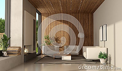 Minimalist living room of a modern villa with fireplace Stock Photo