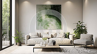 A minimalist living room, the monochrome color palette accentuated. Stock Photo