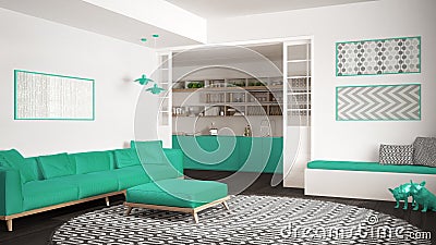 Minimalist living room with sofa, big round carpet and kitchen i Stock Photo