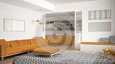 Minimalist living room with sofa, big round carpet and kitchen i Stock Photo