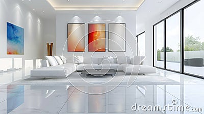 Minimalist living room with stylish furniture, cohesive paintings on a white wall, and subtle lighting, emphasizing Stock Photo