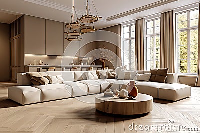 Minimalist Living Studio Apartment Showcasing Beige Sofa and Pouf in Modern Living Room Home Interior Design. created with Stock Photo