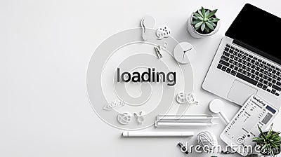Minimalist loading word with modern typography and loading bar icons on white background Stock Photo