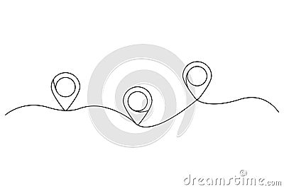 Minimalist location pins vector. Continuous line drawing. Navigation route illustration. Map concept Vector Illustration