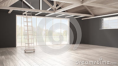 Minimalist mezzanine loft, empty industrial space, wooden roofing and parquet floor, scandinavian classic interior design with ga Stock Photo