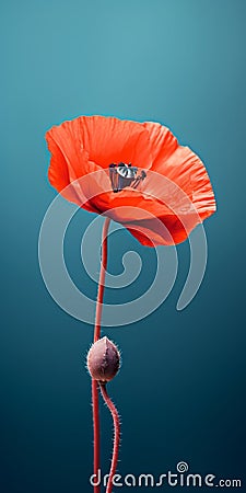 Minimalist Mobile Wallpaper: Elegant Poppy On Blue Background Stock Photo