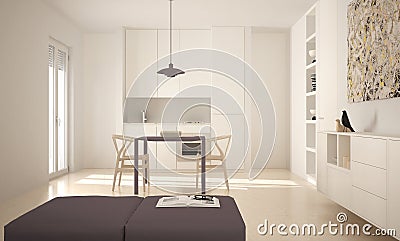 Minimalist modern bright kitchen with dining table and chairs, big windows, white and red architecture interior Stock Photo