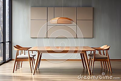 Minimalist Modern Chinese dining room interior with wooden table and wooden chairs Stock Photo