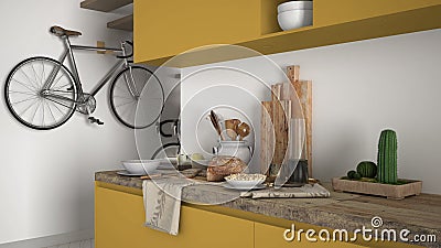 Minimalist modern kitchen close up with healthy breakfast, contemporary white and yellow interior Stock Photo