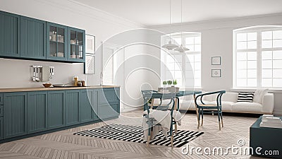 Minimalist modern kitchen with dining table and living room, white and air force blue scandinavian interior design Stock Photo