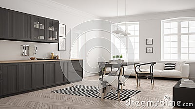 Minimalist modern kitchen with dining table and living room, white and gray scandinavian interior design Stock Photo