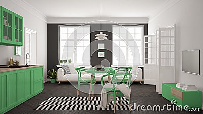 Minimalist modern kitchen with dining table and living room, white and green scandinavian interior design Stock Photo