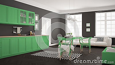 Minimalist modern kitchen with dining table and living room, white and green scandinavian interior design Stock Photo