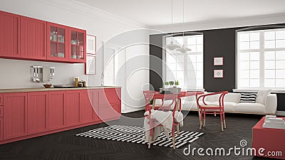 Minimalist modern kitchen with dining table and living room, white and red scandinavian interior design Stock Photo