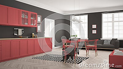 Minimalist modern kitchen with dining table and living room, white and red scandinavian interior design Stock Photo