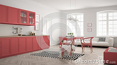 Minimalist modern kitchen with dining table and living room, white and red scandinavian interior design Stock Photo