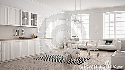 Minimalist modern kitchen with dining table and living room, white scandinavian interior design Stock Photo