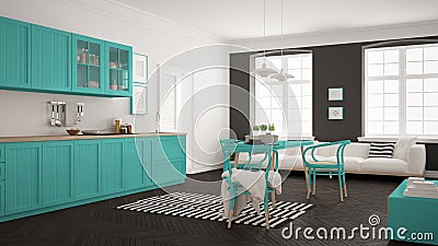Minimalist modern kitchen with dining table and living room, white and turquoise scandinavian interior design Stock Photo