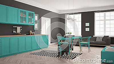 Minimalist modern kitchen with dining table and living room, white and turquoise scandinavian interior design Stock Photo