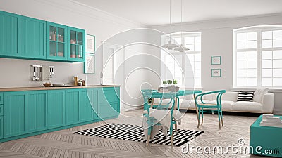 Minimalist modern kitchen with dining table and living room, white and turquoise scandinavian interior design Stock Photo