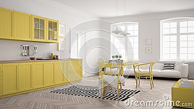 Minimalist modern kitchen with dining table and living room, white and yellow scandinavian interior design Stock Photo