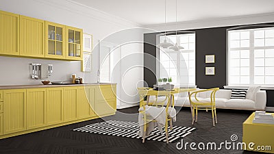 Minimalist modern kitchen with dining table and living room, white and yellow scandinavian interior design Stock Photo
