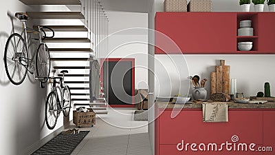 Minimalist modern kitchen with healthy breakfast, living room and wooden staircase, contemporary white and red interior Stock Photo