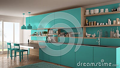 Minimalist modern kitchen with wooden details, table and chairs, turquoise interior design Stock Photo