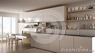 Minimalist modern kitchen with wooden details, table and chairs, white interior design Stock Photo