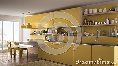 Minimalist modern kitchen with wooden details, table and chairs, yellow interior design Stock Photo