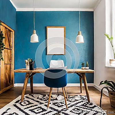 minimalist modern room interior with pale blue and white colors Stock Photo