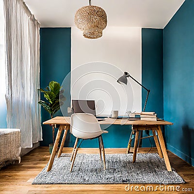 minimalist modern room interior with pale blue and white colors Stock Photo