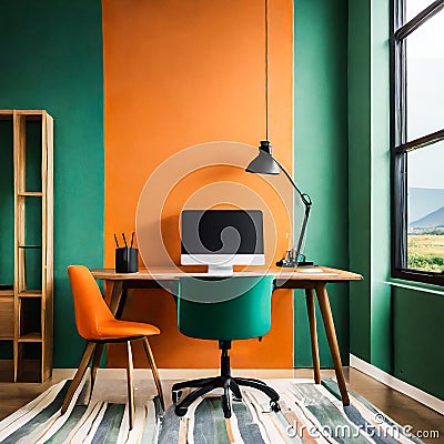minimalist modern room interior with pale green and orange colors Stock Photo