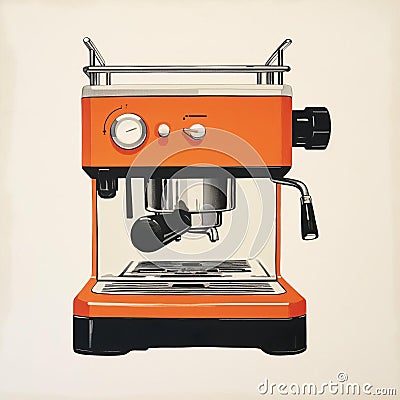 Minimalist Monotype Print: Retro Pod Coffee Machine In Orange Stock Photo