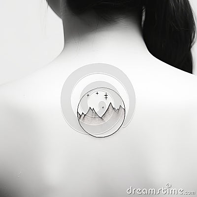 Minimalist Mountain And Moon Tattoo On Woman's Back Stock Photo
