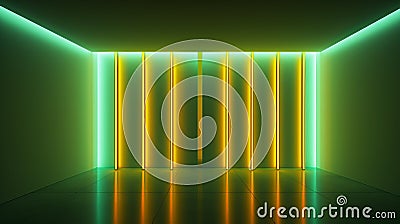 Minimalist Neon Room With Green And Yellow Lights Stock Photo