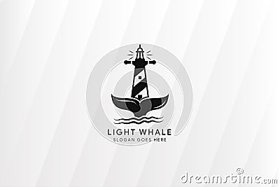 minimalist ocean logo combination between anchor, lighthouse, wave, and fine of whale Vector Illustration